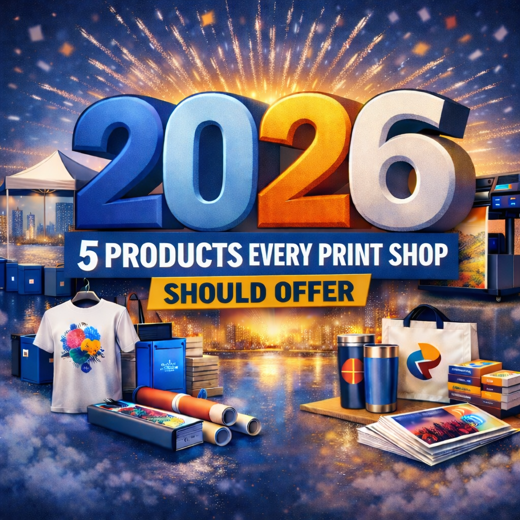 2026 graphic with fireworks showcasing 5 products every print shop should offer, featuring large-format displays, hardware, and promotional items.
